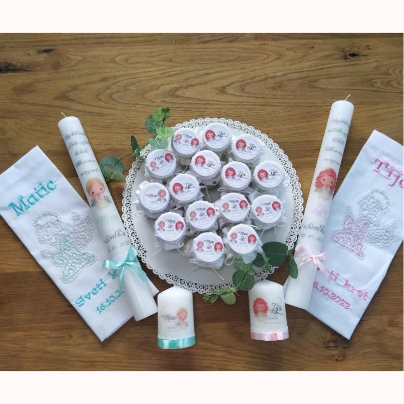 Komplet krstne sveče in krstnega prtička s klekljanim angelčkom - slika 8