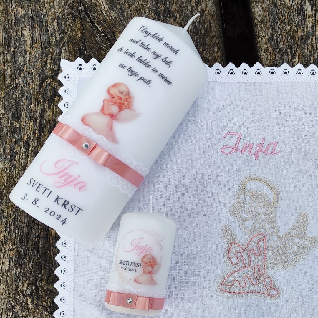 Komplet krstne sveče in krstnega prtička s klekljanim angelčkom - slika 4
